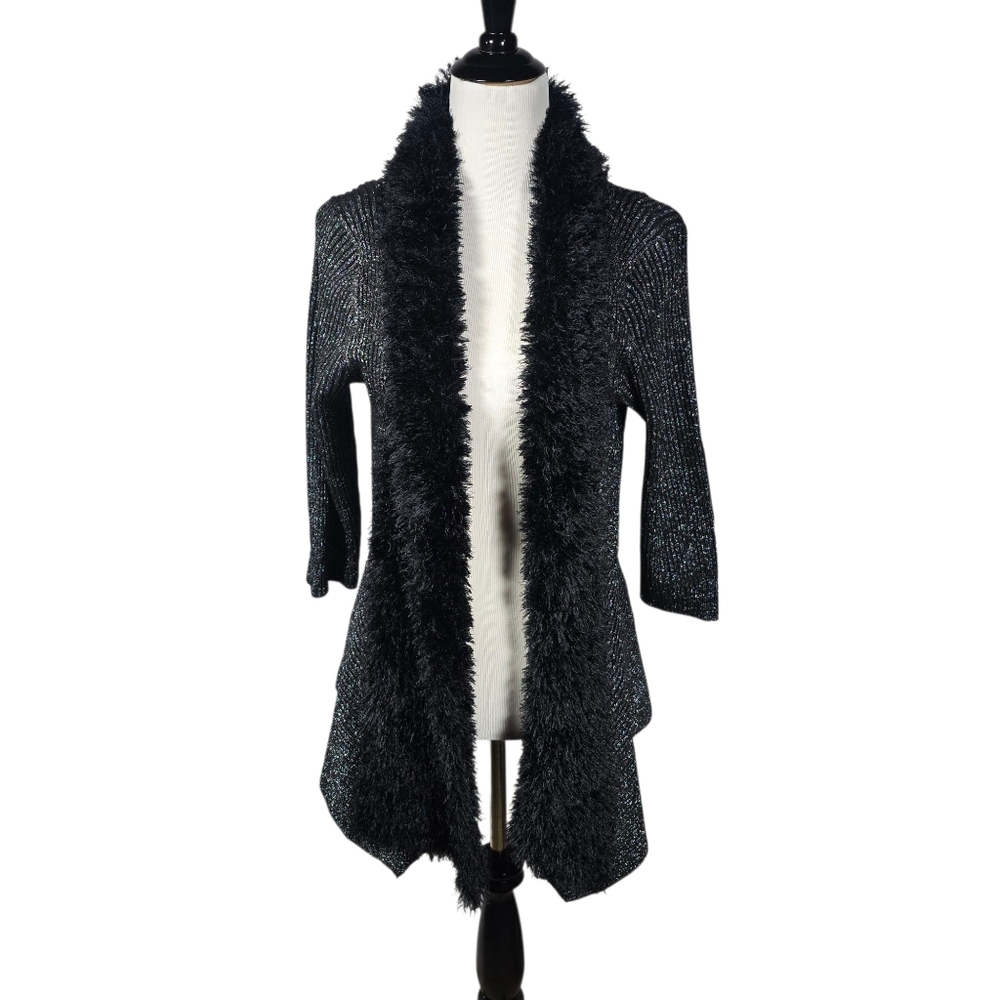 Lauren Michelle Large Black Metallic Silver Open Font Cardigan with Fuzzy Trim